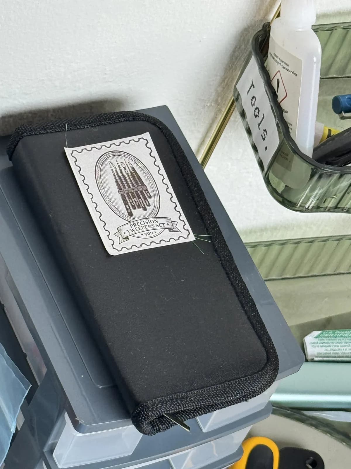 Tool case marked with a custom tweezers sticker