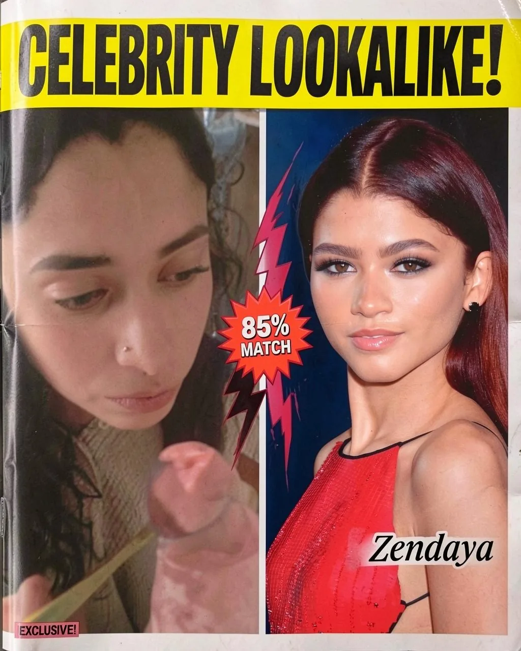 Playful celebrity lookalike comparison